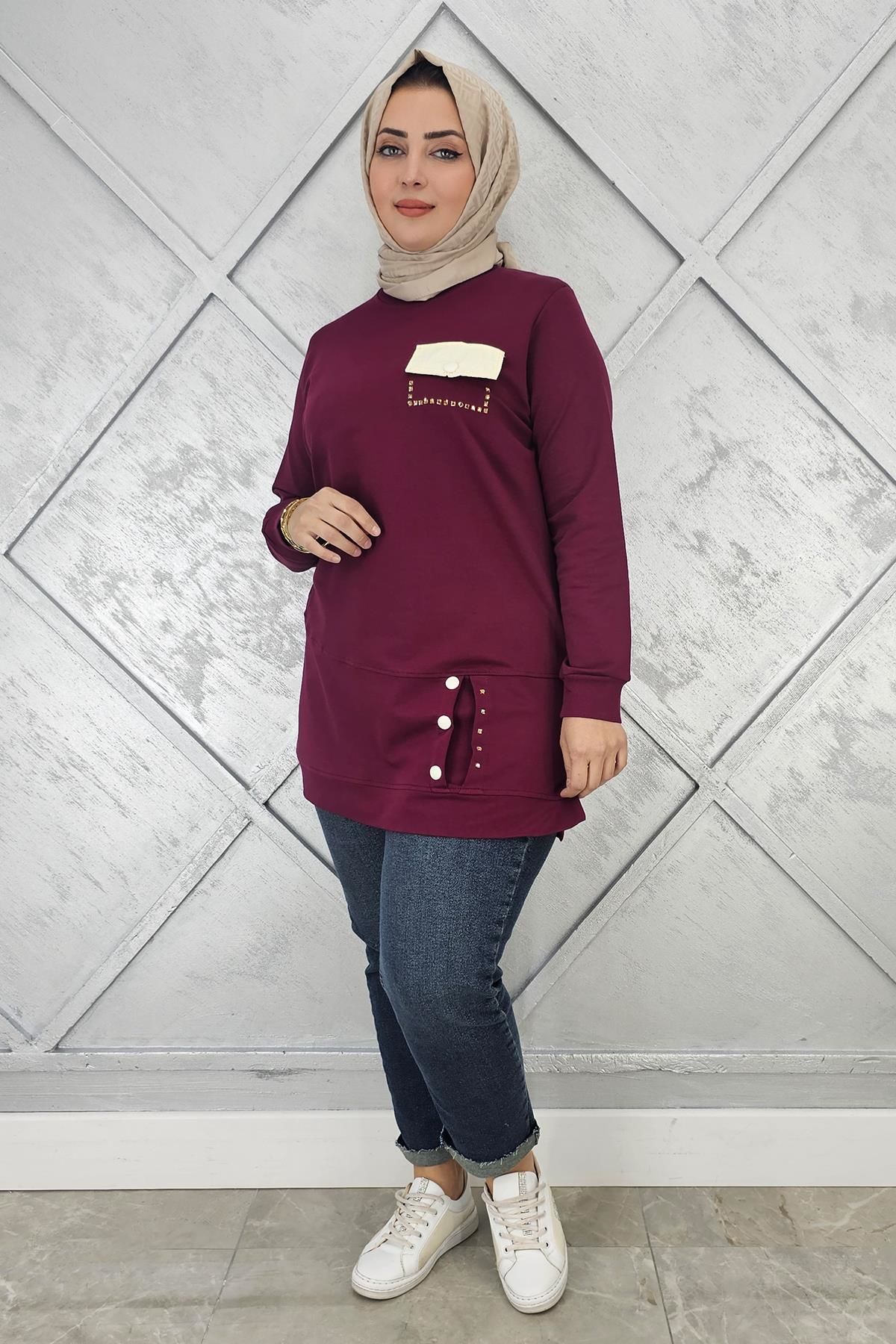 KADIN DÜĞME VE CEP GÖRÜNÜM DETAYLI TESETTÜR TUNİK BORDO - XL