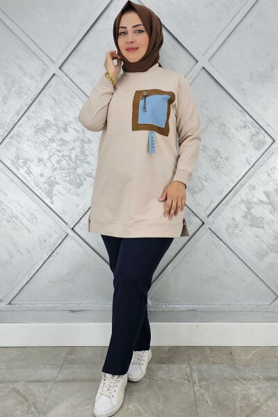 KADIN KOMBİNLİ SALLANTI AKSESUAR DETAYLI TESETTÜR TUNİK BEJ - 2 BEDEN