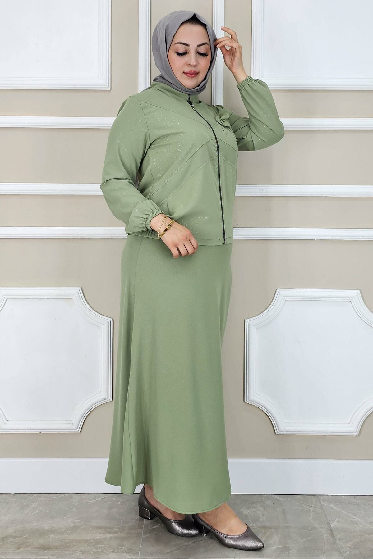 PYS KADIN TAŞ DETAYLI SİMLİ TESETTÜR TAKIM YEŞİL - 5 BEDEN