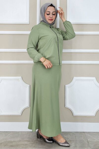 PYS KADIN TAŞ DETAYLI SİMLİ TESETTÜR TAKIM YEŞİL - 5 BEDEN