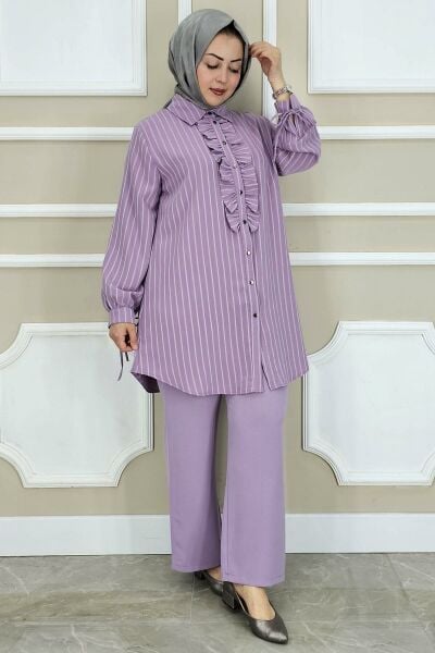 PYS KADIN ÇİGİLİ FIRFIRLI GÖMLEK PANTOLON TESETTÜR TAKIM LİLA - 3 BEDEN