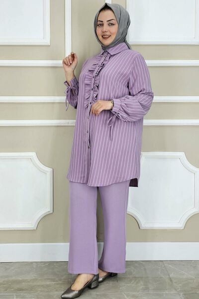 PYS KADIN ÇİGİLİ FIRFIRLI GÖMLEK PANTOLON TESETTÜR TAKIM LİLA - 3 BEDEN