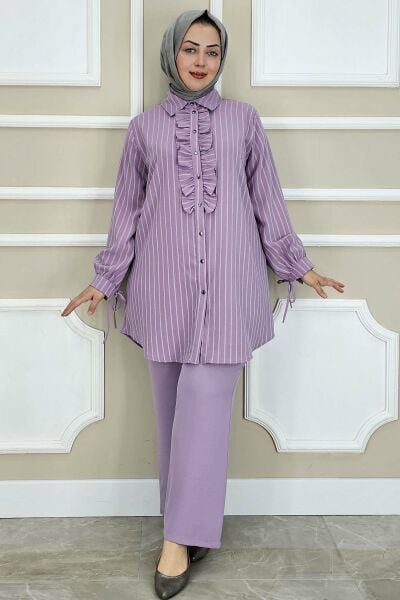 PYS KADIN ÇİGİLİ FIRFIRLI GÖMLEK PANTOLON TESETTÜR TAKIM LİLA - 3 BEDEN
