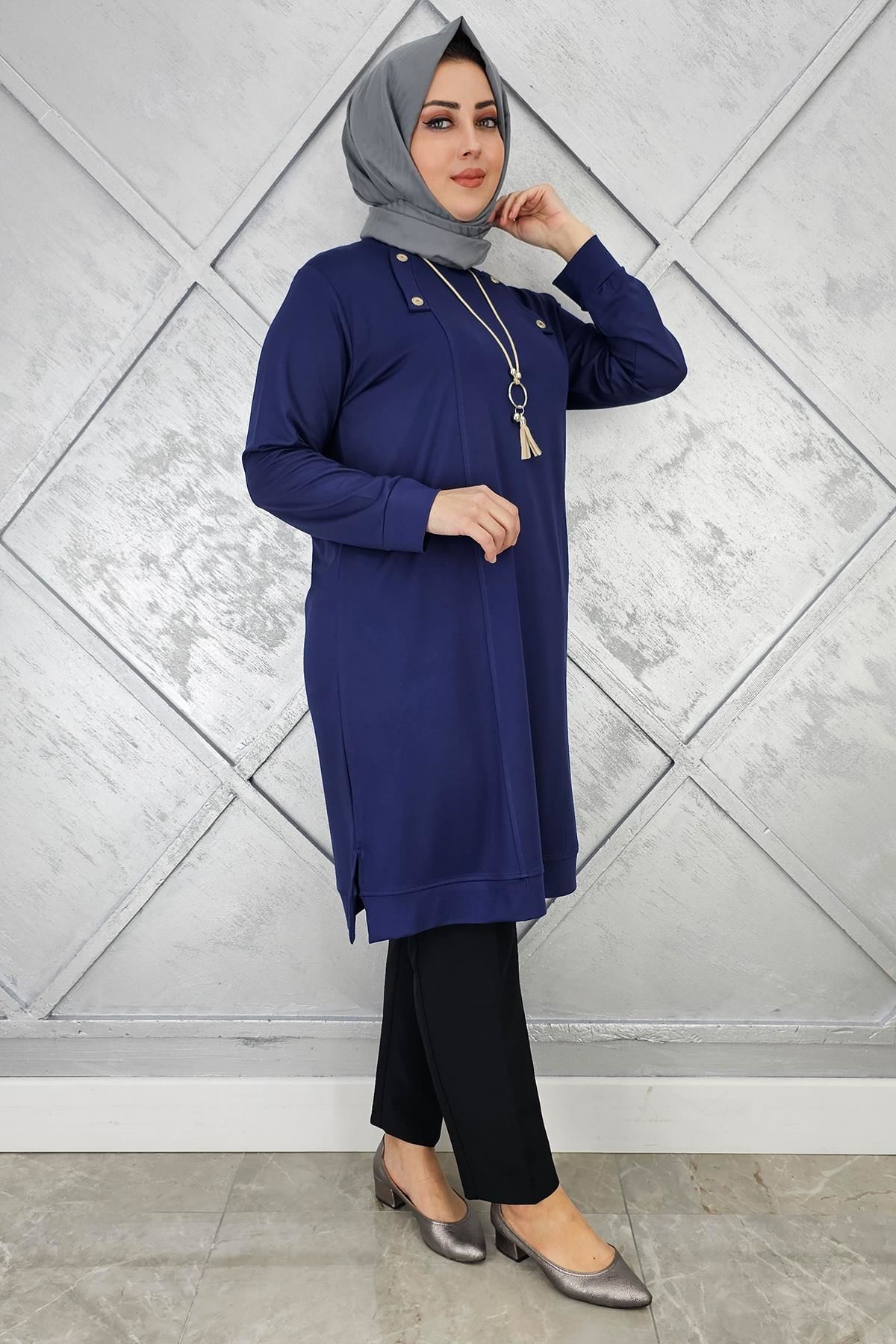 KADIN KOLYE VE DÜĞME DETAYLI TESETTÜR TUNİK LACİVERT - 4 BEDEN