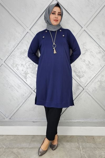 KADIN KOLYE VE DÜĞME DETAYLI TESETTÜR TUNİK LACİVERT - 4 BEDEN
