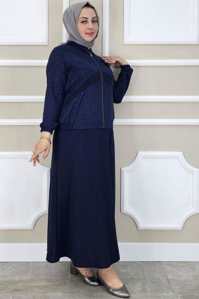 PYS KADIN TAŞ DETAYLI SİMLİ TESETTÜR TAKIM LACİVERT - 2 BEDEN