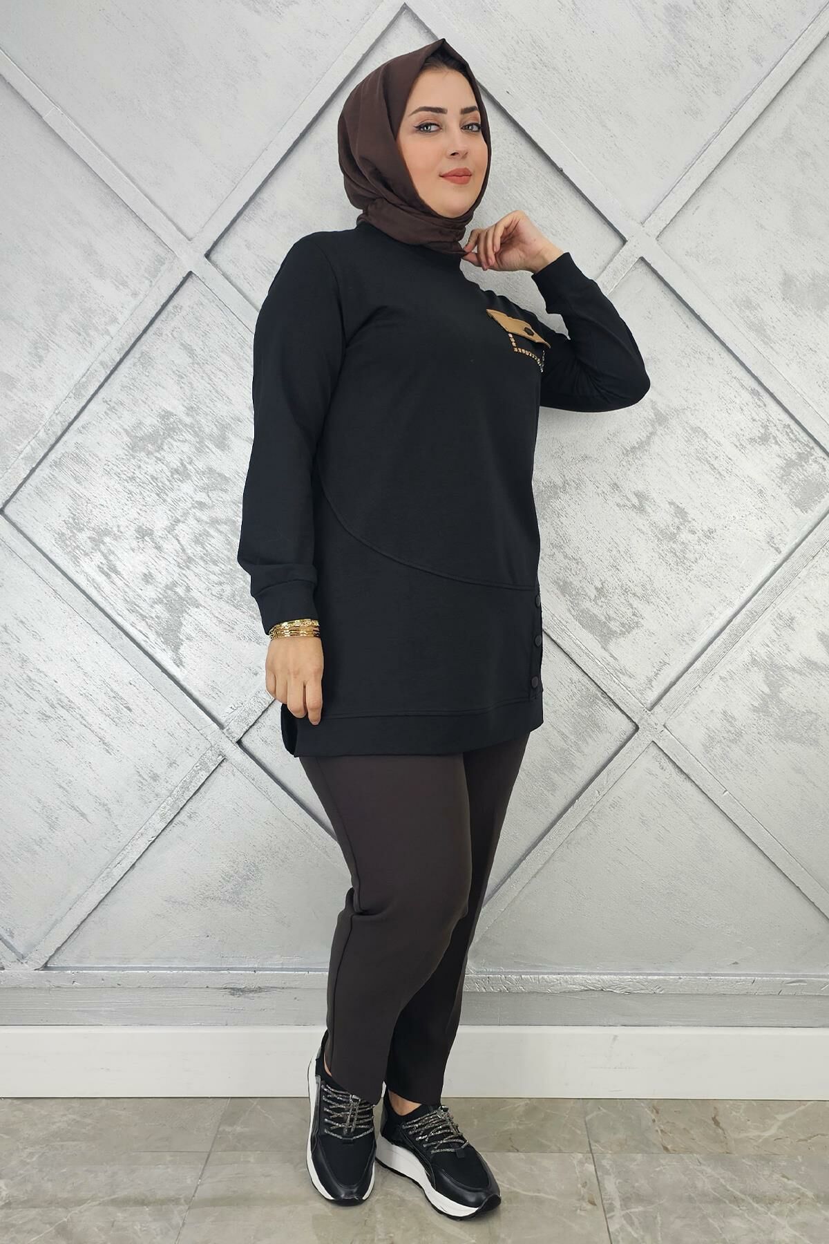 KADIN DÜĞME VE CEP GÖRÜNÜM DETAYLI TESETTÜR TUNİK SİYAH - 3XL