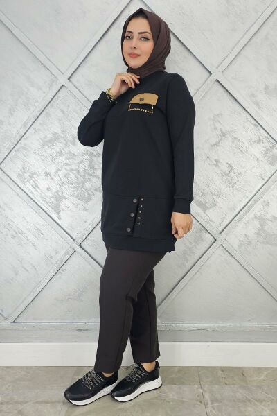KADIN DÜĞME VE CEP GÖRÜNÜM DETAYLI TESETTÜR TUNİK SİYAH - 3XL