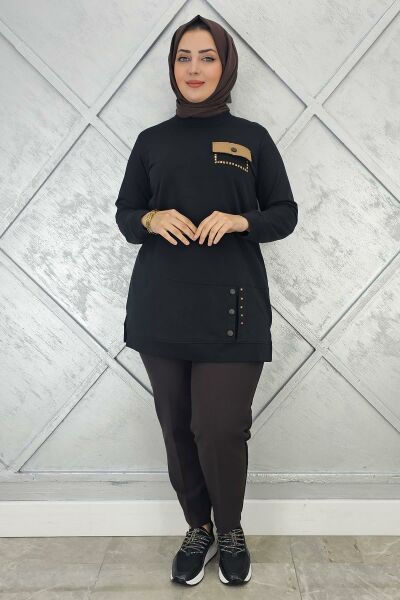 KADIN DÜĞME VE CEP GÖRÜNÜM DETAYLI TESETTÜR TUNİK SİYAH - 3XL