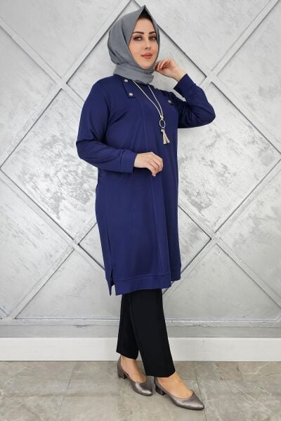 KADIN KOLYE VE DÜĞME DETAYLI TESETTÜR TUNİK LACİVERT - 2 BEDEN