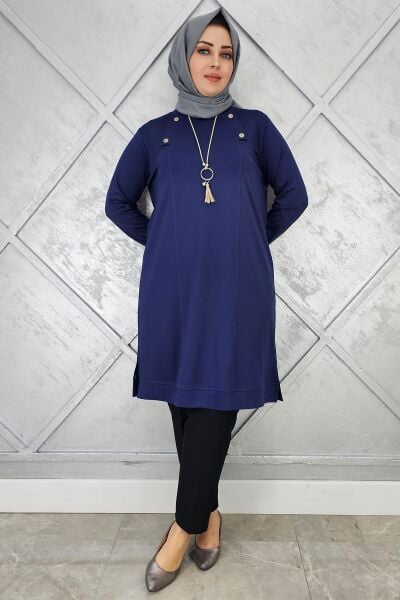 KADIN KOLYE VE DÜĞME DETAYLI TESETTÜR TUNİK LACİVERT - 2 BEDEN