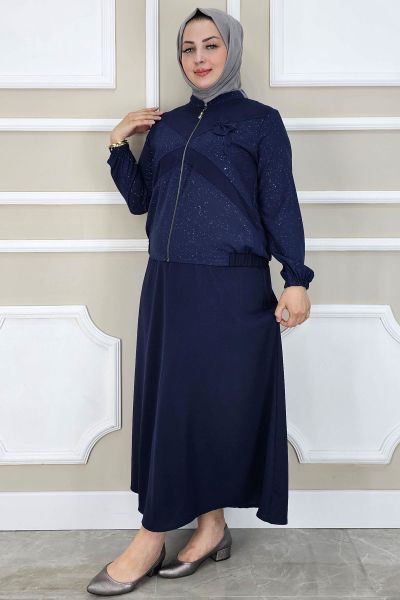 PYS KADIN TAŞ DETAYLI SİMLİ TESETTÜR TAKIM LACİVERT - 3 BEDEN