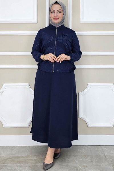 PYS KADIN TAŞ DETAYLI SİMLİ TESETTÜR TAKIM LACİVERT - 3 BEDEN