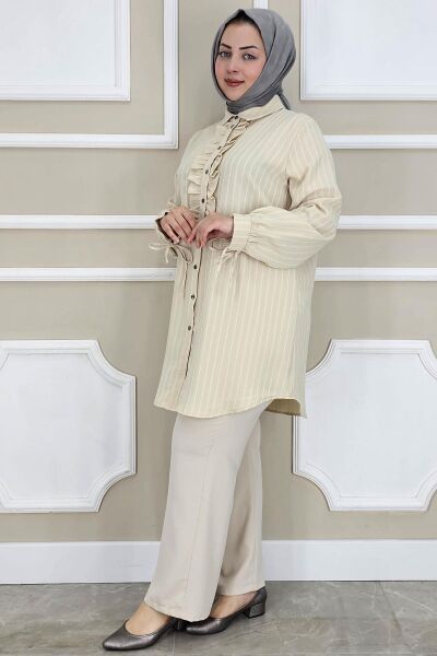 PYS KADIN ÇİGİLİ FIRFIRLI GÖMLEK PANTOLON TESETTÜR TAKIM TAŞ - 4 BEDEN