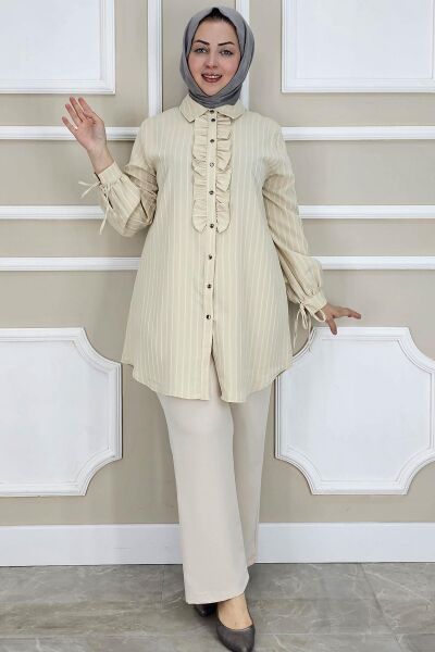 PYS KADIN ÇİGİLİ FIRFIRLI GÖMLEK PANTOLON TESETTÜR TAKIM TAŞ - 4 BEDEN