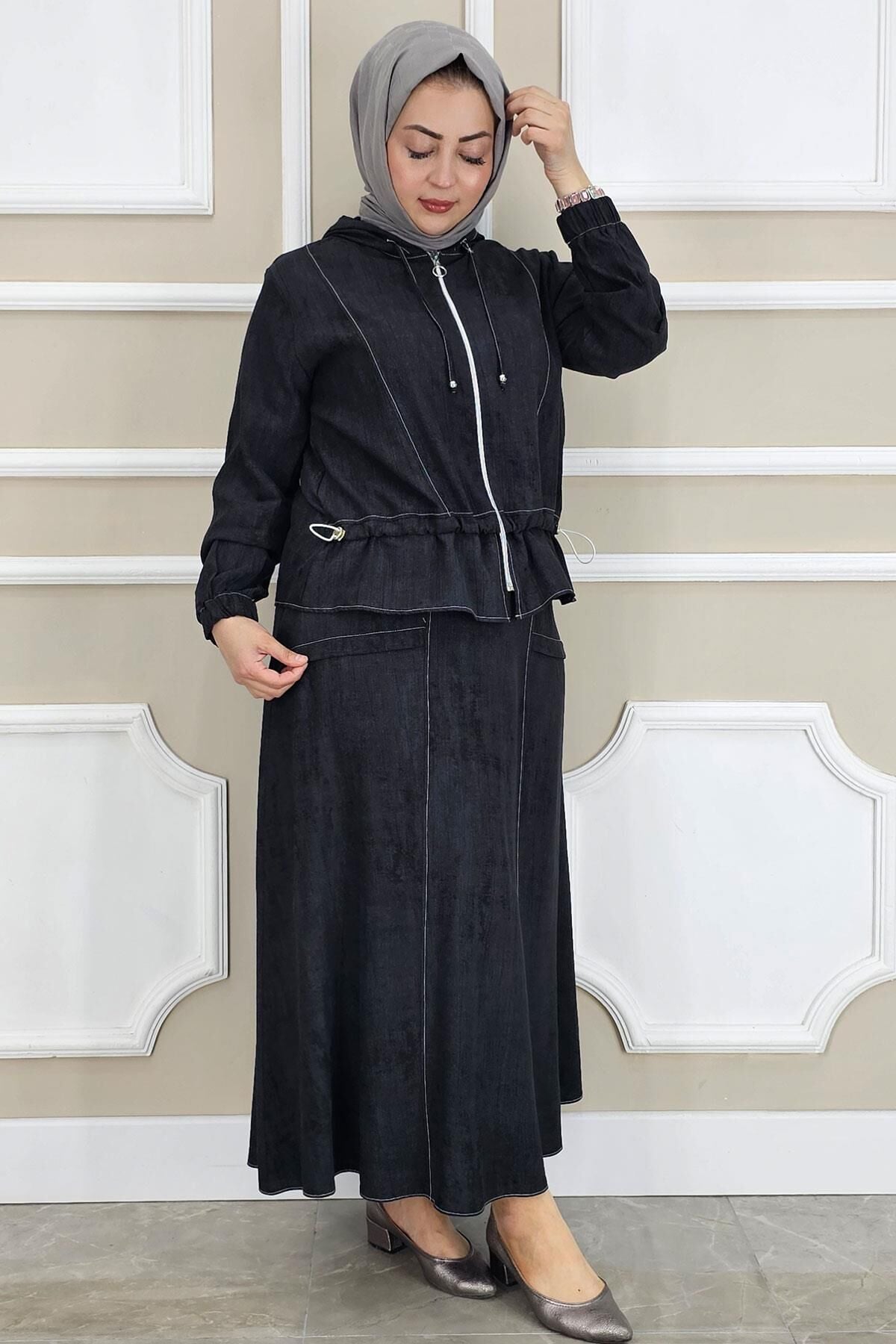 KADIN KAPÜŞONLU ETEKLİ TESETTÜR TAKIM SİYAH - 2 BEDEN