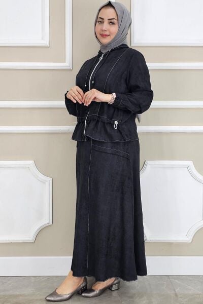 KADIN KAPÜŞONLU ETEKLİ TESETTÜR TAKIM SİYAH - 2 BEDEN