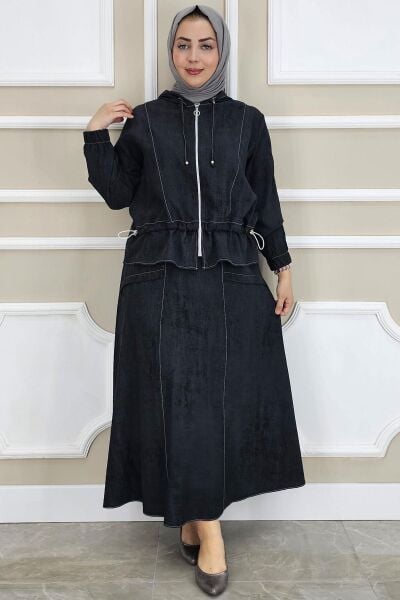 KADIN KAPÜŞONLU ETEKLİ TESETTÜR TAKIM SİYAH - 2 BEDEN