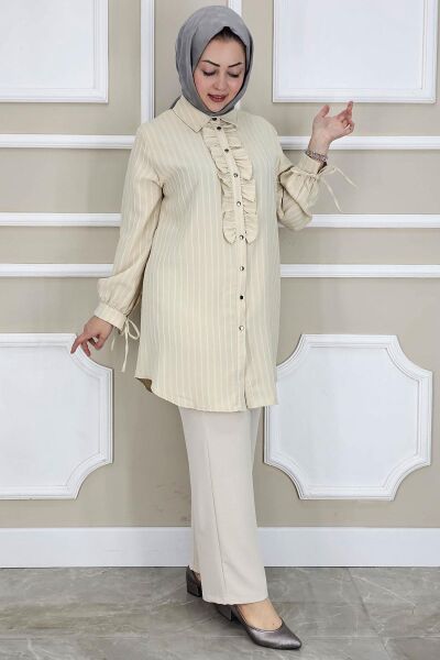 PYS KADIN ÇİGİLİ FIRFIRLI GÖMLEK PANTOLON TESETTÜR TAKIM TAŞ - 5 BEDEN