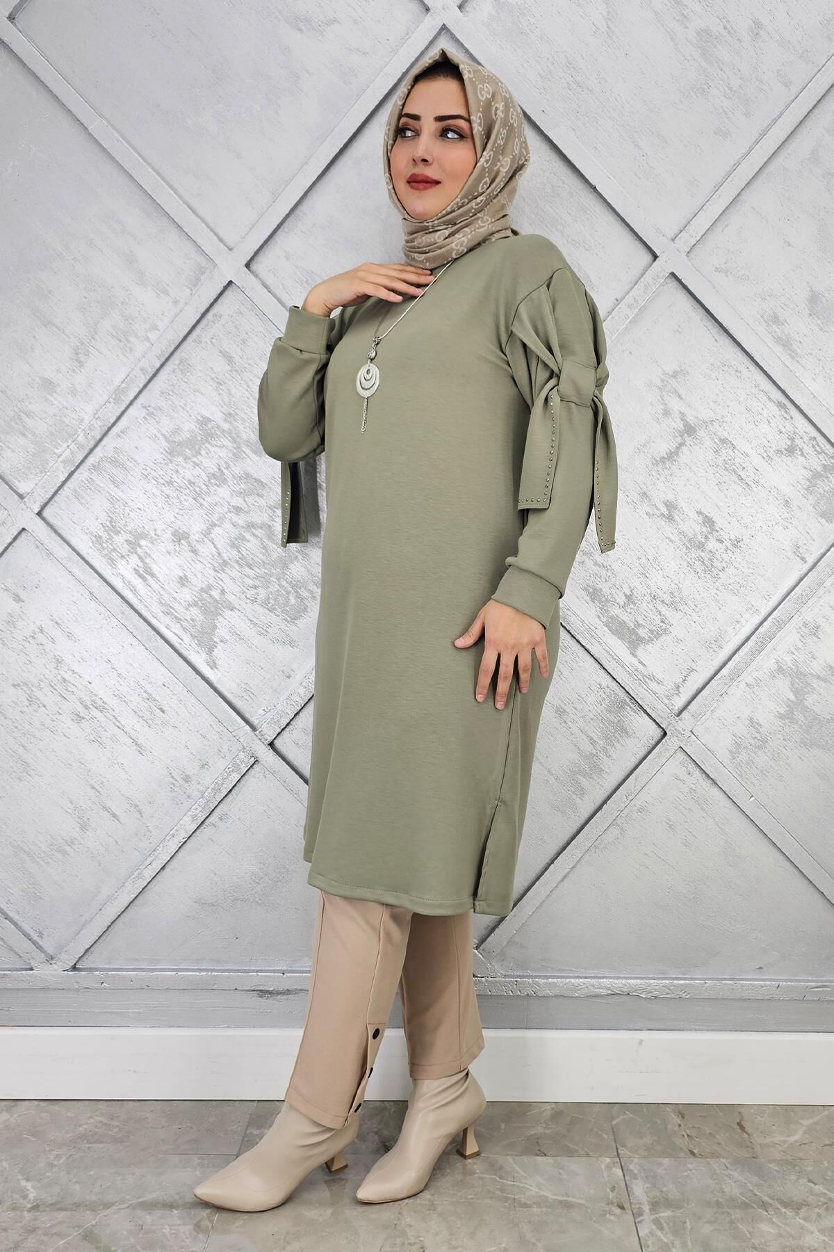 KADIN TAŞ VE KOLYE DETAYLI TESETTÜR TUNİK HAKİ - 4 BEDEN