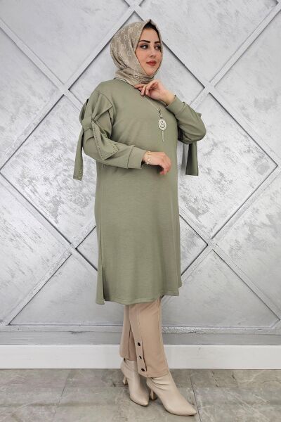 KADIN TAŞ VE KOLYE DETAYLI TESETTÜR TUNİK HAKİ - 4 BEDEN