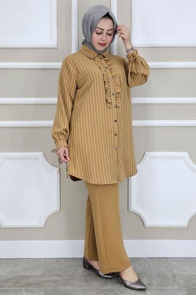 PYS KADIN ÇİGİLİ FIRFIRLI GÖMLEK PANTOLON TESETTÜR TAKIM CAMEL - 2 BEDEN