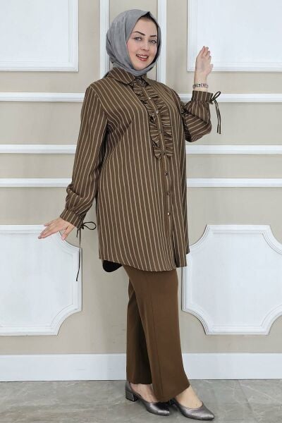 PYS KADIN ÇİGİLİ FIRFIRLI GÖMLEK PANTOLON TESETTÜR TAKIM KAHVERENGİ - 2 BEDEN