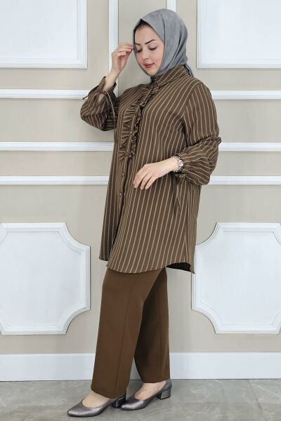 PYS KADIN ÇİGİLİ FIRFIRLI GÖMLEK PANTOLON TESETTÜR TAKIM KAHVERENGİ - 2 BEDEN