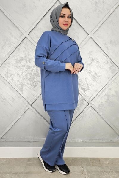 KADIN NERVÜR DİKİM DÜĞME DETAYLI TESETTÜR TAKIM İNDİGO - 5 BEDEN
