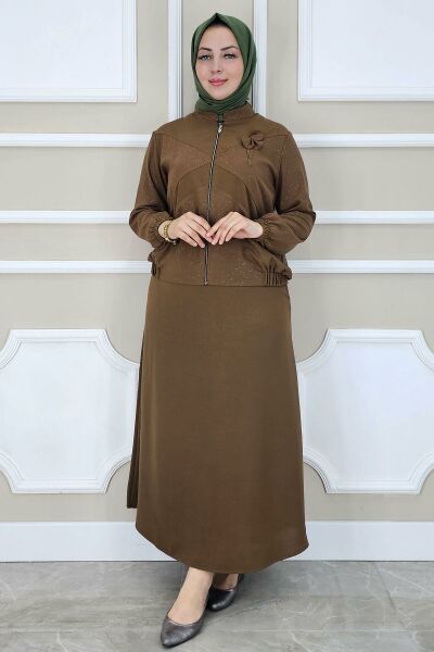 PYS KADIN TAŞ DETAYLI SİMLİ TESETTÜR TAKIM KAHVERENGİ - 4 BEDEN
