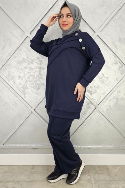 KADIN NERVÜR DİKİM DÜĞME DETAYLI TESETTÜR TAKIM LACİVERT - 2 BEDEN
