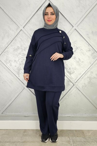 KADIN NERVÜR DİKİM DÜĞME DETAYLI TESETTÜR TAKIM LACİVERT - 2 BEDEN