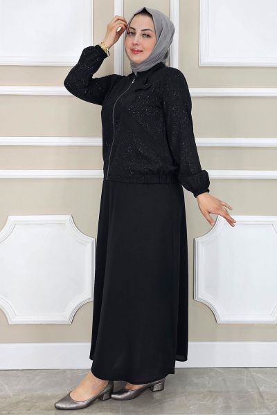 PYS KADIN TAŞ DETAYLI SİMLİ TESETTÜR TAKIM SİYAH - 2 BEDEN