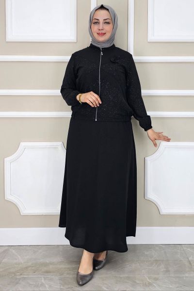 PYS KADIN TAŞ DETAYLI SİMLİ TESETTÜR TAKIM SİYAH - 2 BEDEN
