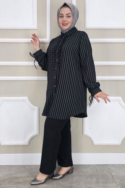 PYS KADIN ÇİGİLİ FIRFIRLI GÖMLEK PANTOLON TESETTÜR TAKIM SİYAH - 2 BEDEN