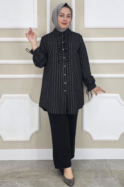 PYS KADIN ÇİGİLİ FIRFIRLI GÖMLEK PANTOLON TESETTÜR TAKIM SİYAH - 2 BEDEN