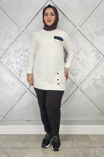 KADIN DÜĞME VE CEP GÖRÜNÜM DETAYLI TESETTÜR TUNİK EKRU - L