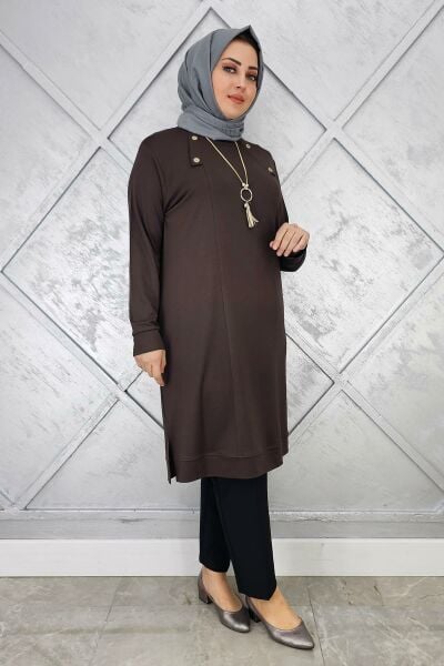 KADIN KOLYE VE DÜĞME DETAYLI TESETTÜR TUNİK KAHVERENGİ - 4 BEDEN