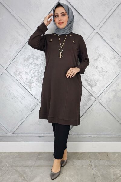 KADIN KOLYE VE DÜĞME DETAYLI TESETTÜR TUNİK KAHVERENGİ - 4 BEDEN
