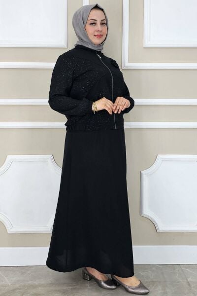 PYS KADIN TAŞ DETAYLI SİMLİ TESETTÜR TAKIM SİYAH - 3 BEDEN