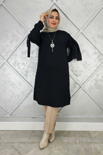 KADIN TAŞ VE KOLYE DETAYLI TESETTÜR TUNİK SİYAH - 4 BEDEN