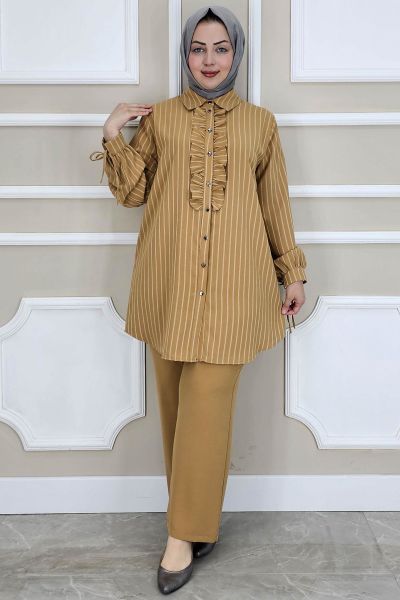 PYS KADIN ÇİGİLİ FIRFIRLI GÖMLEK PANTOLON TESETTÜR TAKIM CAMEL - 3 BEDEN