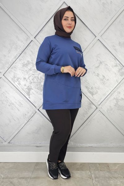 KADIN DÜĞME VE CEP GÖRÜNÜM DETAYLI TESETTÜR TUNİK İNDİGO - 2XL