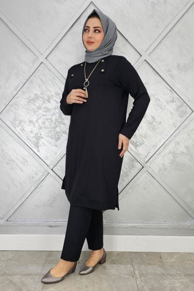 KADIN KOLYE VE DÜĞME DETAYLI TESETTÜR TUNİK SİYAH - 4 BEDEN