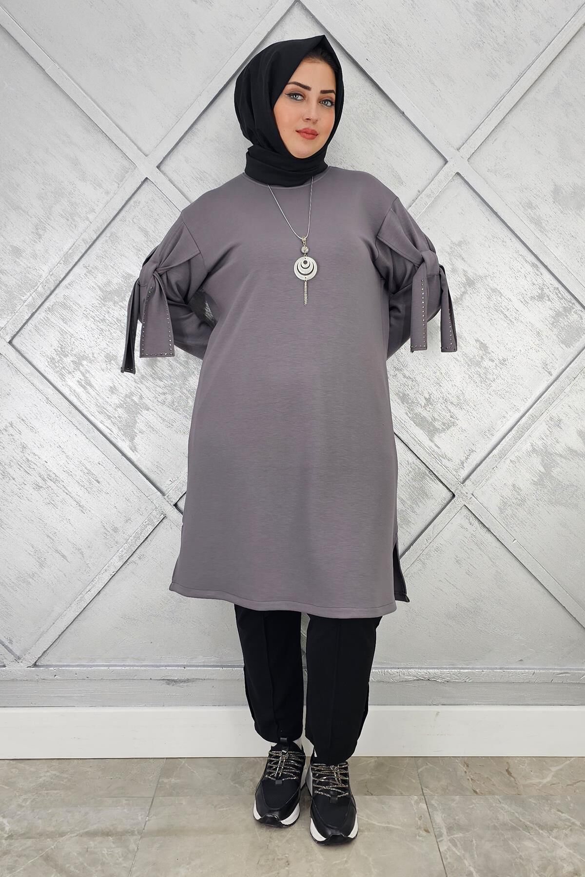 KADIN TAŞ VE KOLYE DETAYLI TESETTÜR TUNİK GRİ - 2 BEDEN