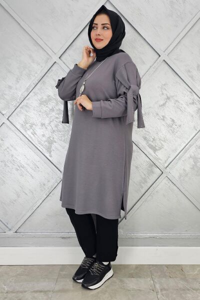 KADIN TAŞ VE KOLYE DETAYLI TESETTÜR TUNİK GRİ - 2 BEDEN
