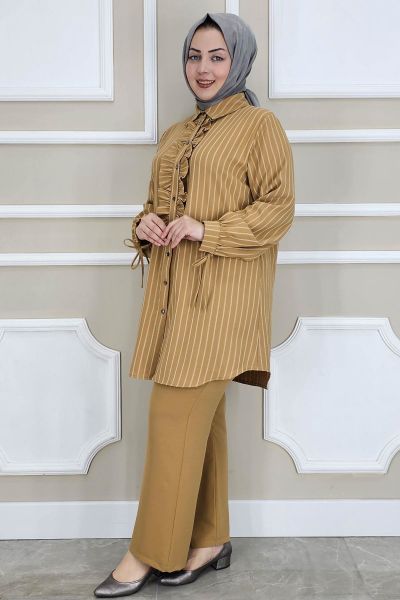 PYS KADIN ÇİGİLİ FIRFIRLI GÖMLEK PANTOLON TESETTÜR TAKIM CAMEL - 4 BEDEN