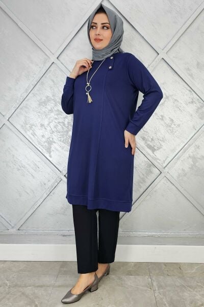 KADIN KOLYE VE DÜĞME DETAYLI TESETTÜR TUNİK LACİVERT - 5 BEDEN