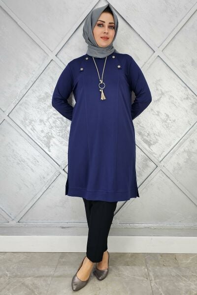 KADIN KOLYE VE DÜĞME DETAYLI TESETTÜR TUNİK LACİVERT - 5 BEDEN