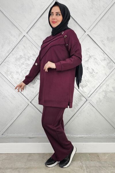 KADIN NERVÜR DİKİM DÜĞME DETAYLI TESETTÜR TAKIM BORDO - 4 BEDEN